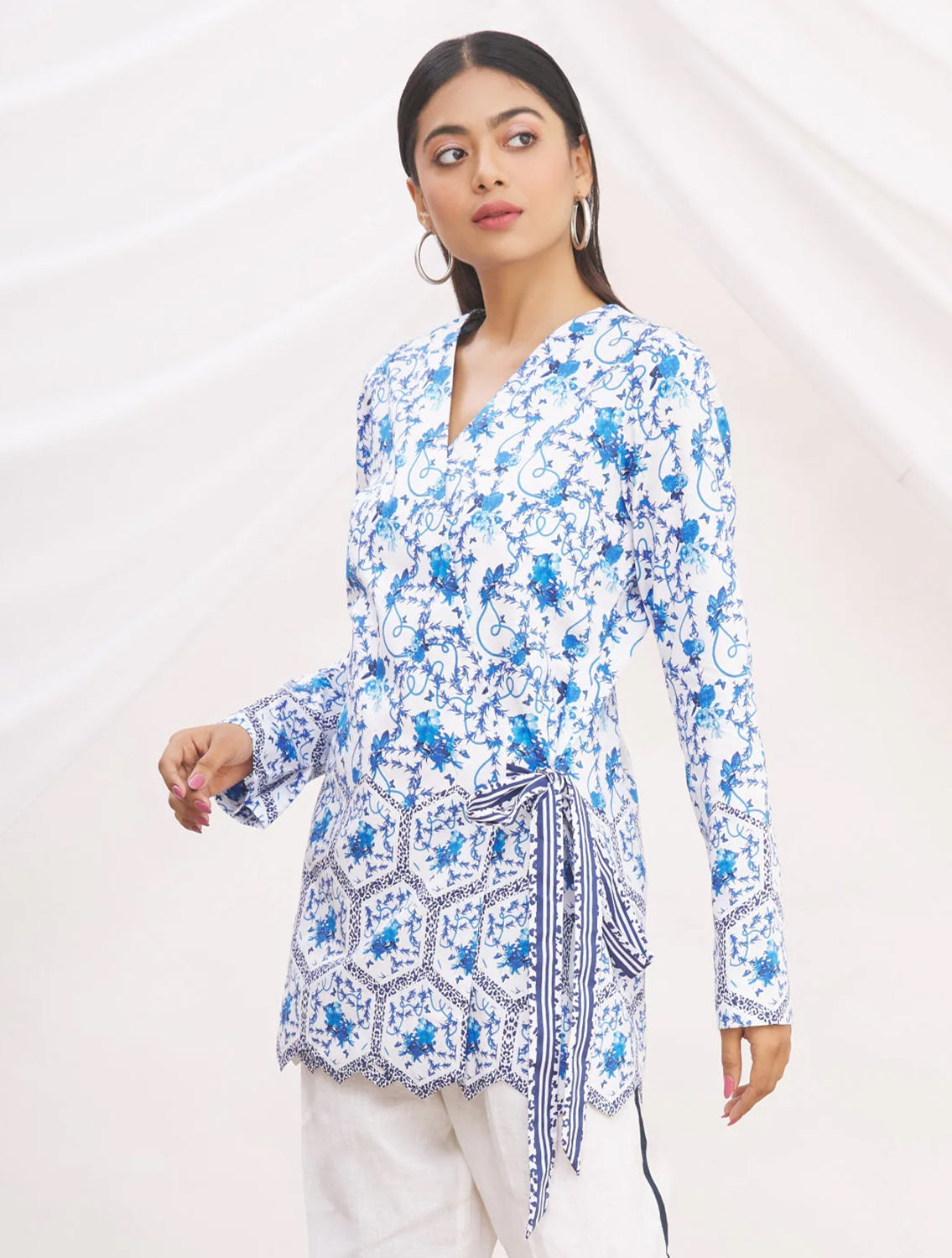 Evelyn Blue Printed Wrap Top