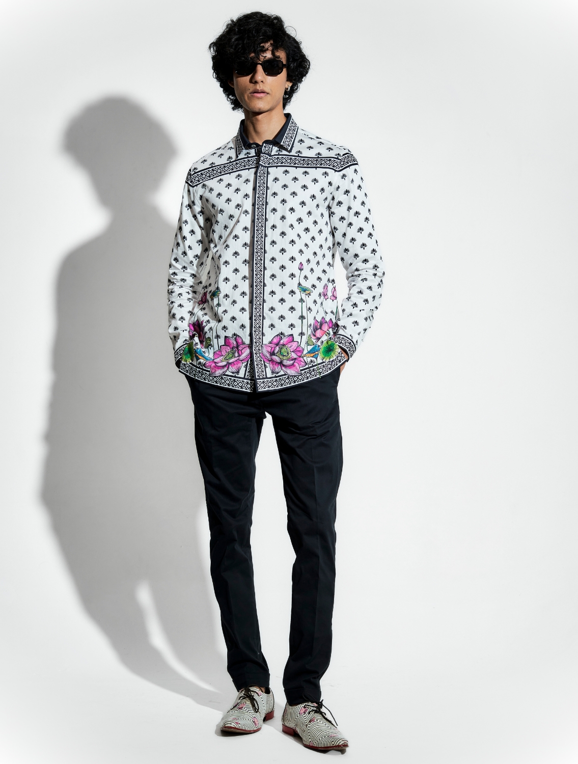 Nelumbo Black Cotton Printed Shirt