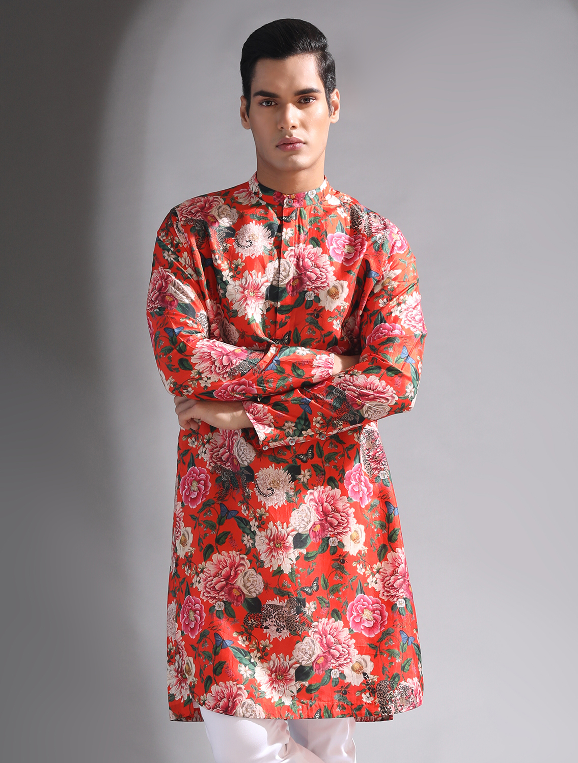 Bloom Orange Floral Printed Silk Kurta Set