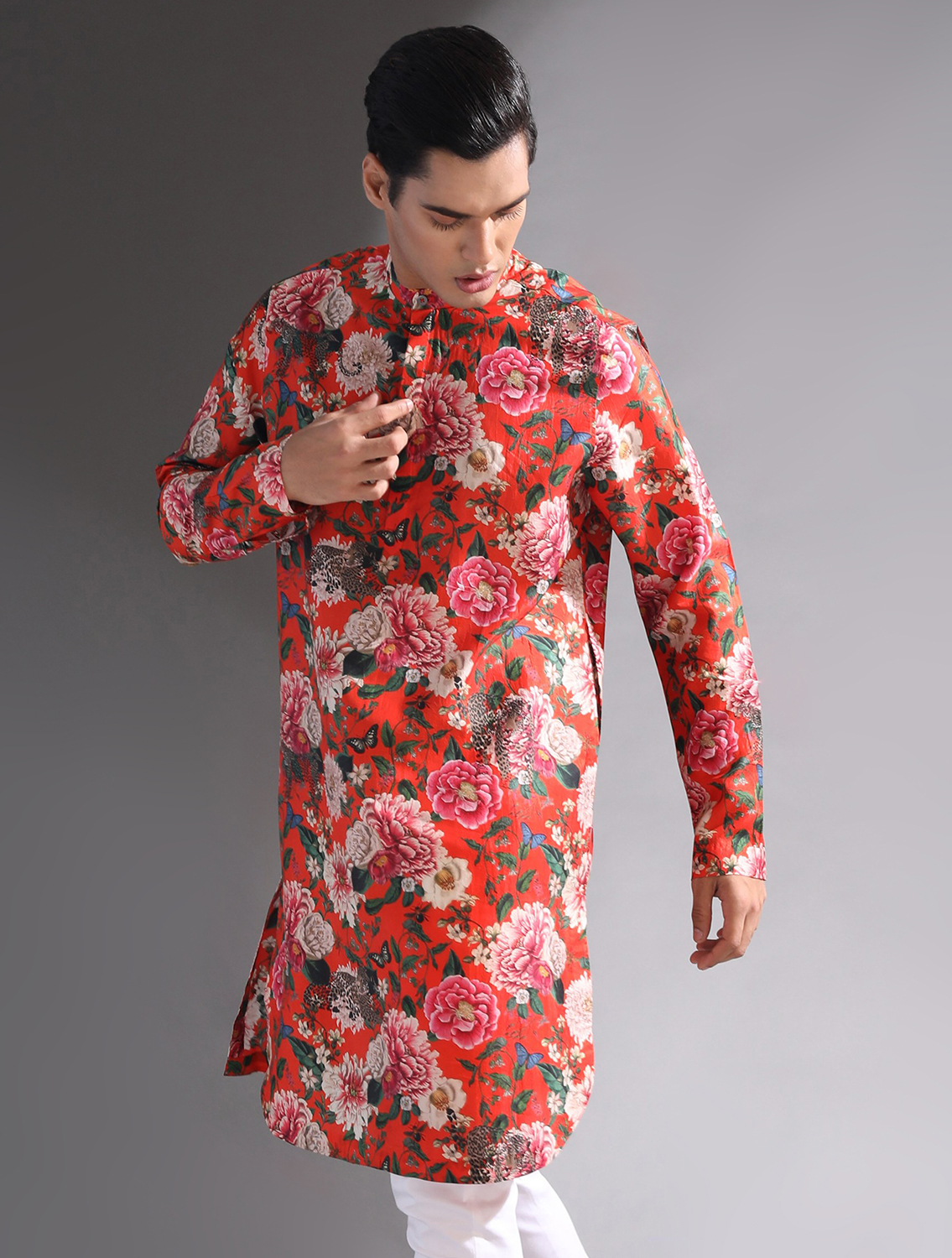 Bloom Orange Floral Printed Silk Kurta Set
