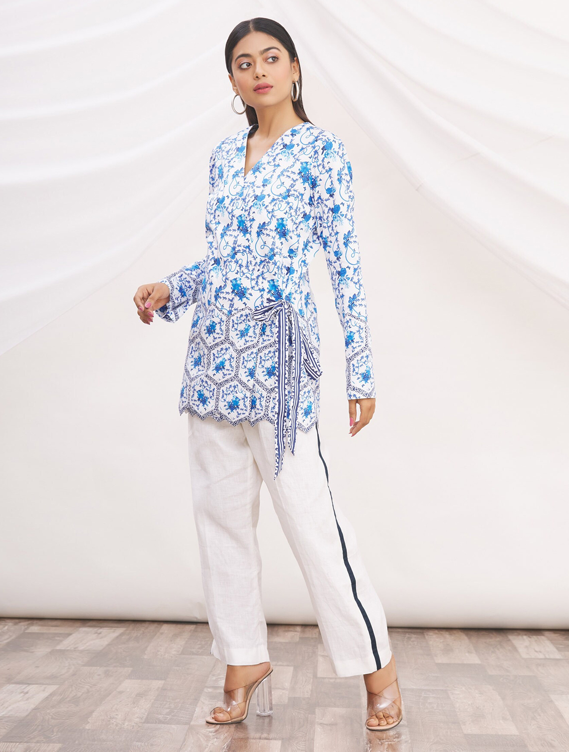 Evelyn Blue Wrap Top And White Pant Set