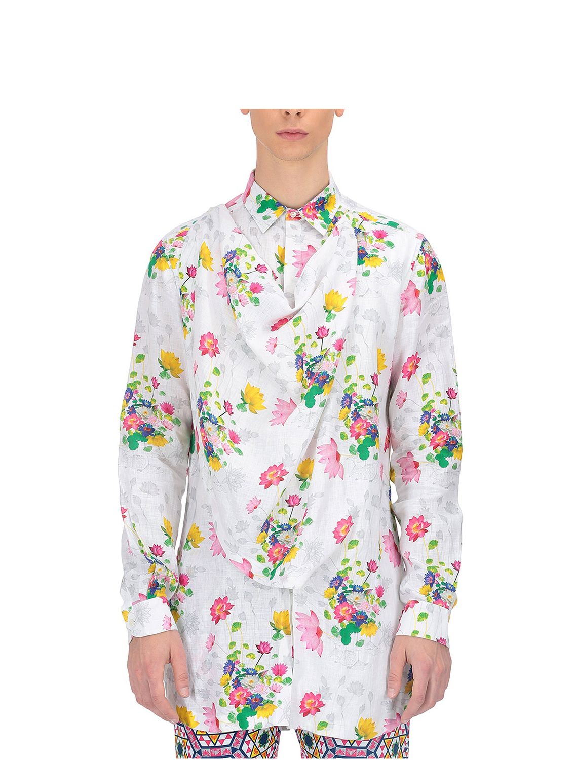 White cowl linen shirt with Utpala print