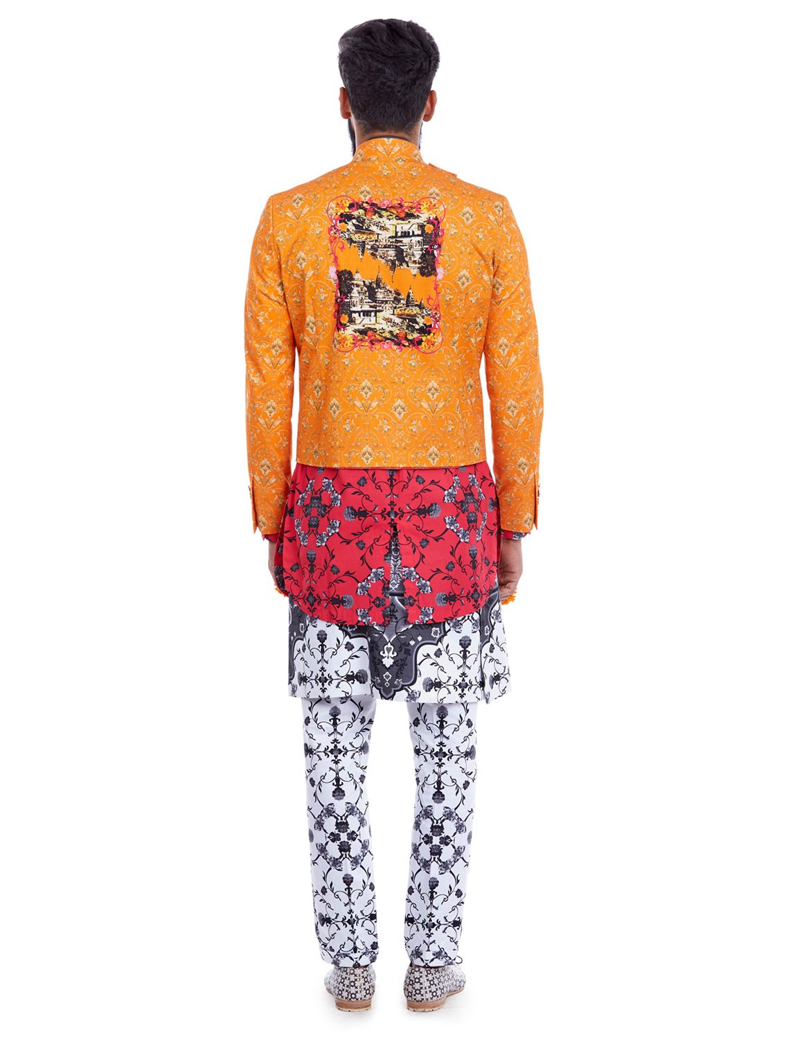 Orange Crop Blazer in Golden Dawn Print by Mr Ajay Kumar