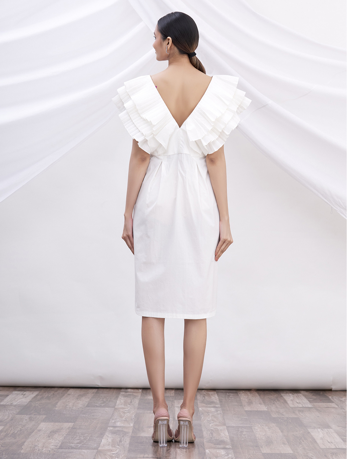 Gabrielle White Cotton Pleated Dress