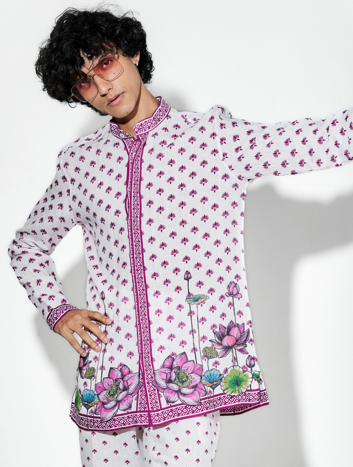 Nelumbo Pink Linen Printed Shirt