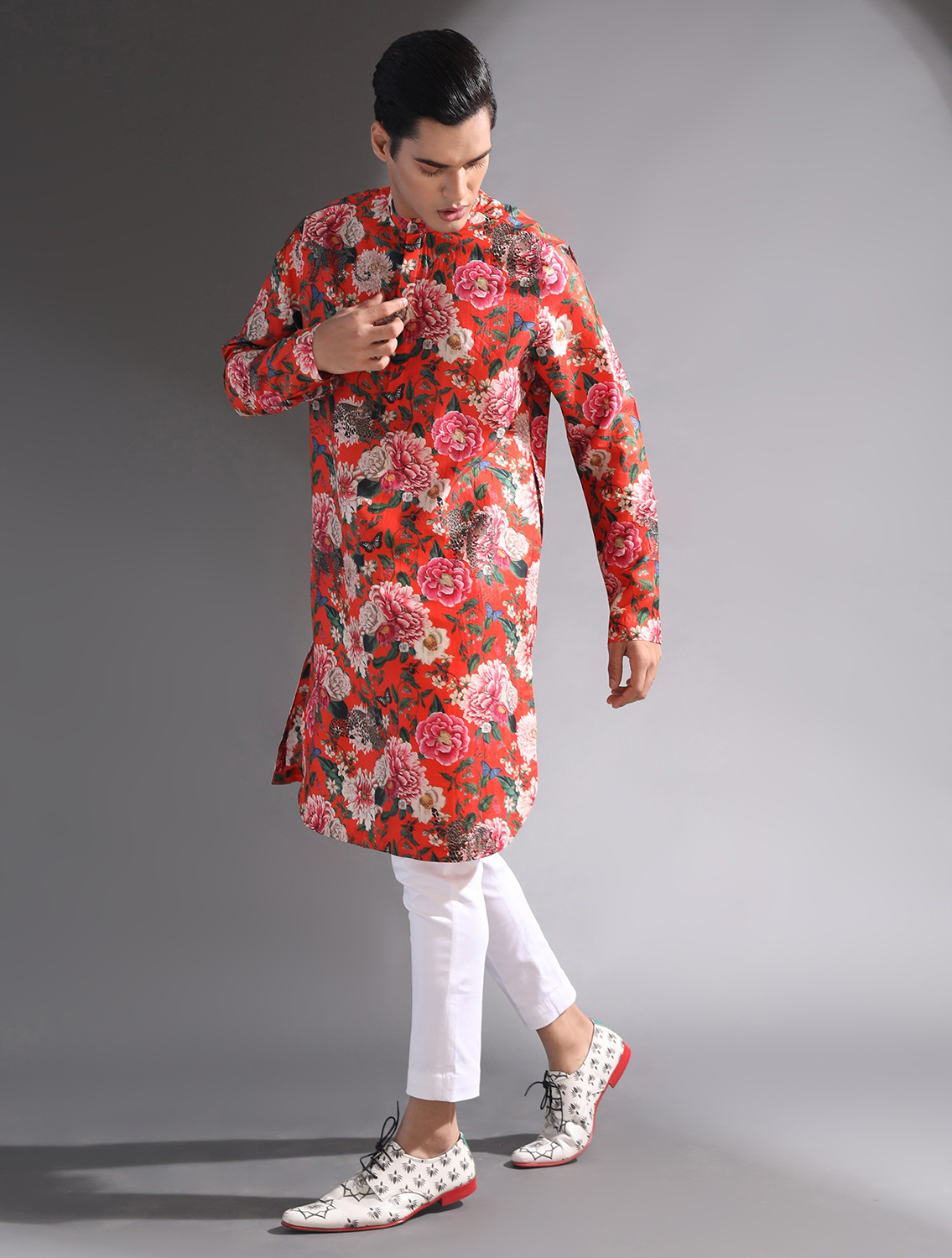 Bloom Orange Floral Printed Silk Kurta Set