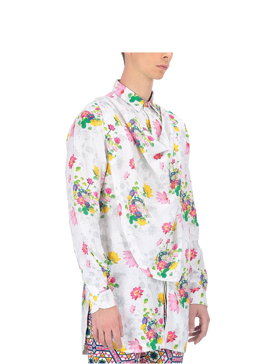 White cowl linen shirt with Utpala print