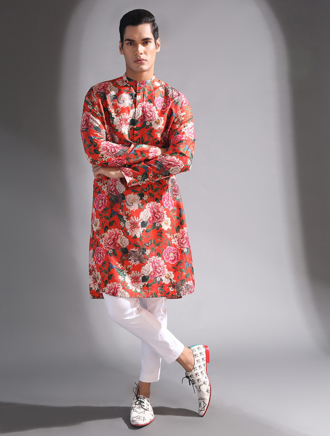 Bloom Orange Floral Printed Silk Kurta Set