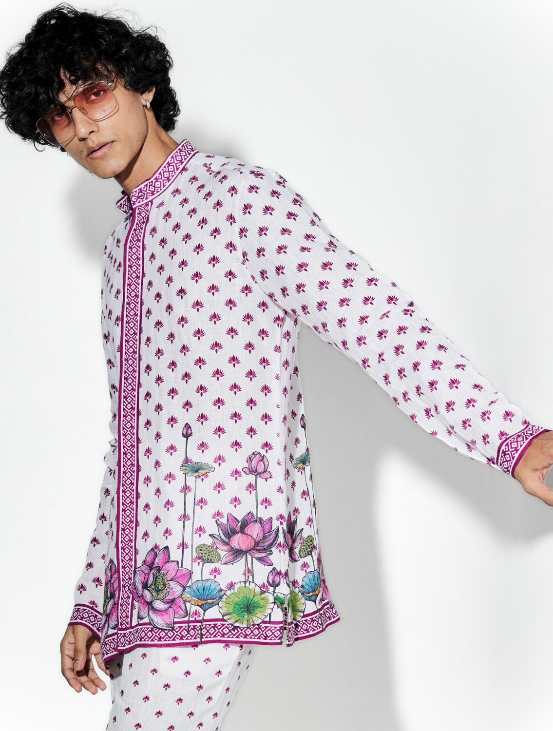 Nelumbo Pink Linen Printed Shirt Pant Set