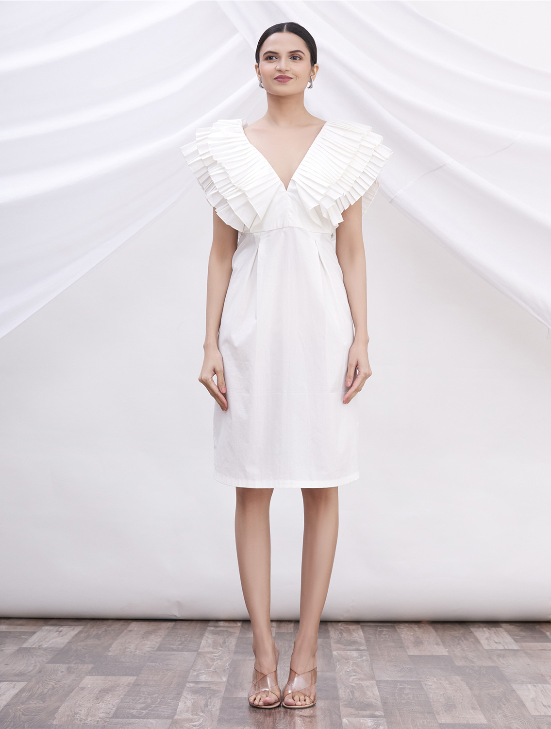 Gabrielle White Cotton Pleated Dress
