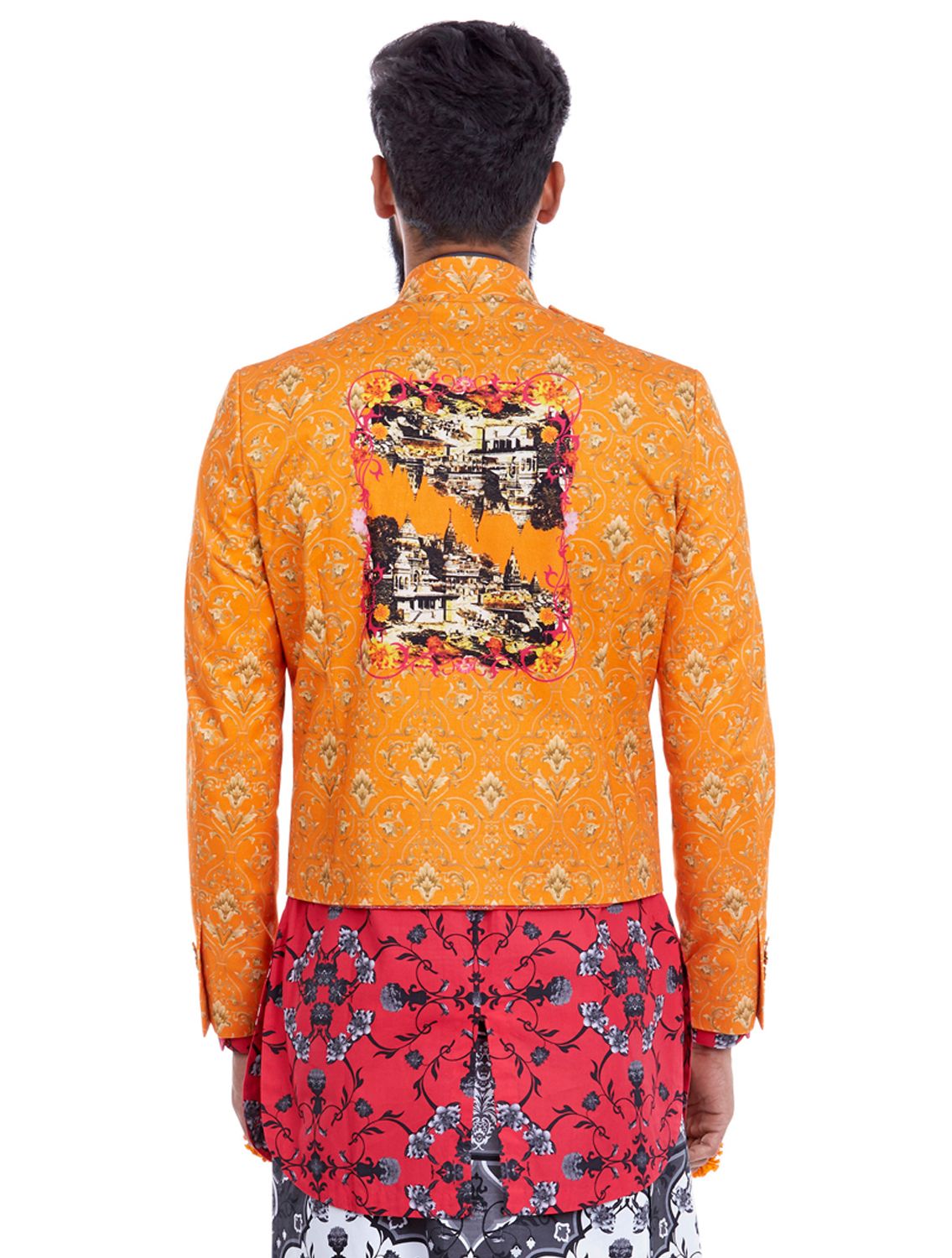 Orange Crop Blazer in Golden Dawn Print by Mr Ajay Kumar