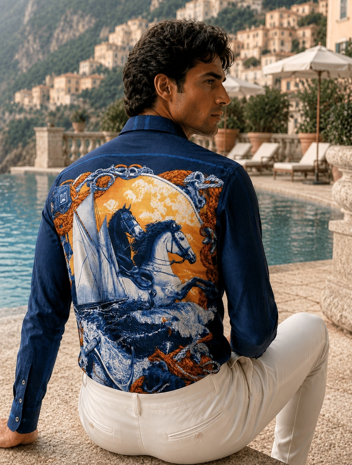 Blue Racing Horses Printed Shirt