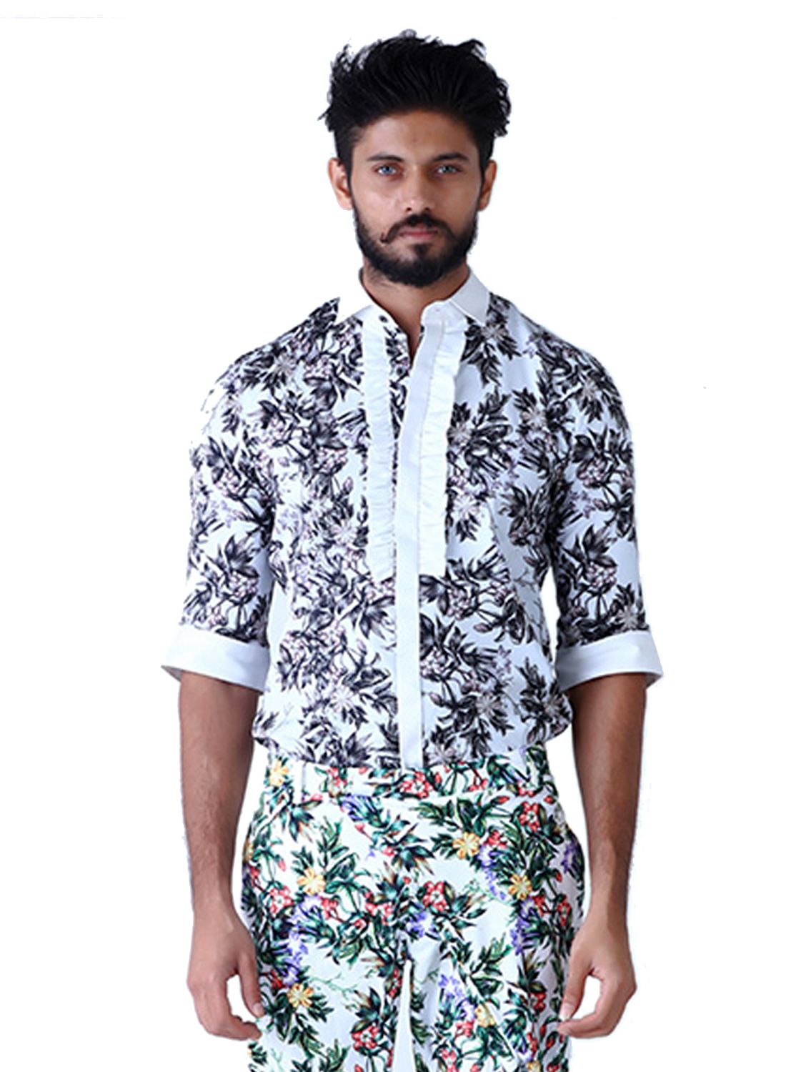 BW Leaf Printed Frill Placket Printed Shirt