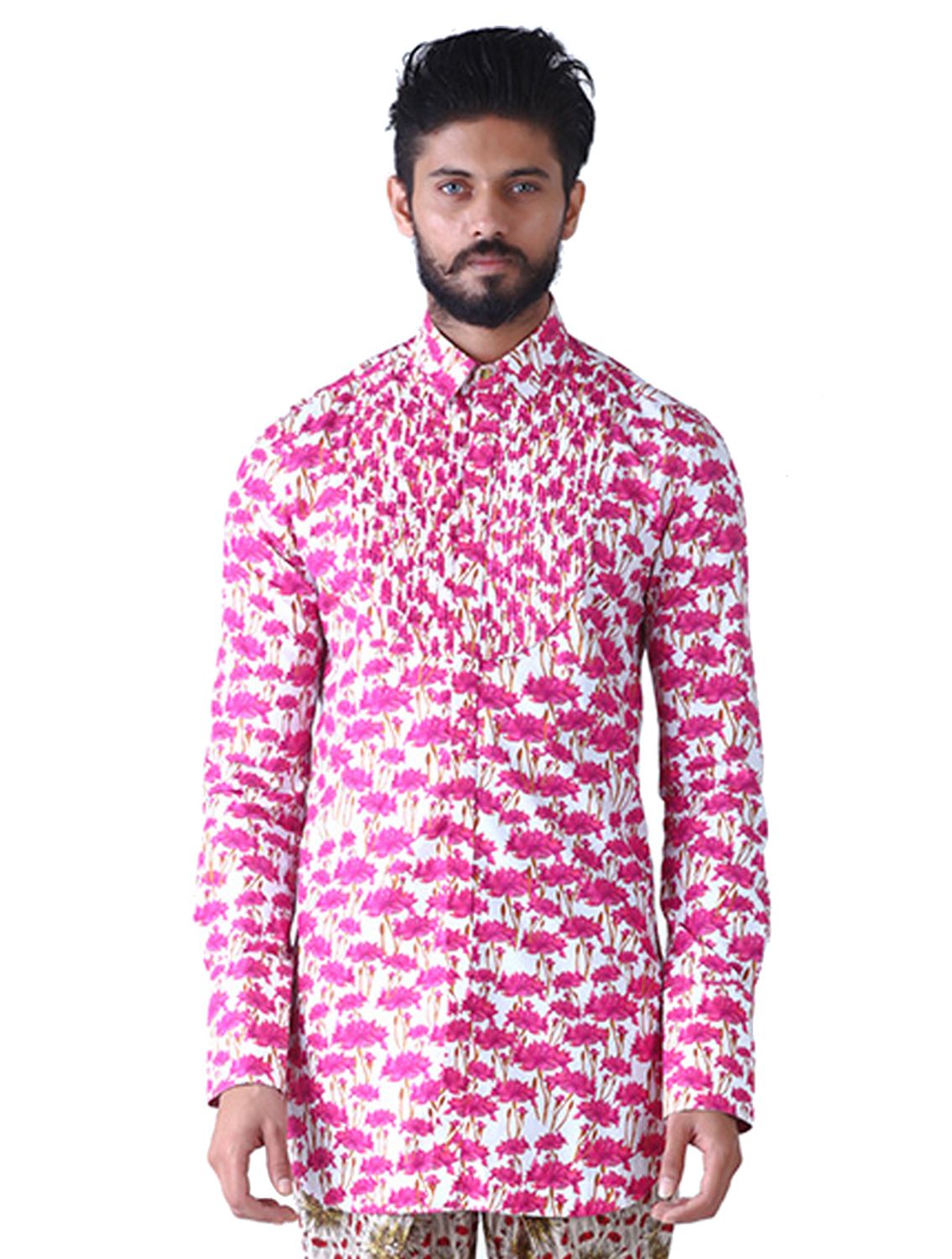 Illustrated Lotus Printed Long Kurta with Back Vent