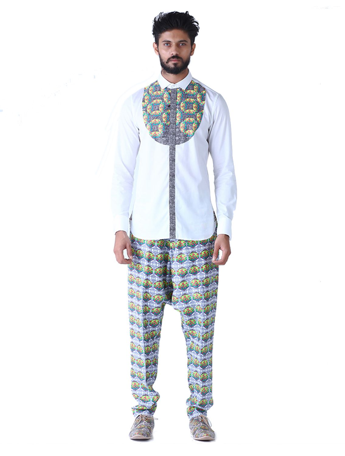 White Lunar Shirt with Kaleido Lotus Printed Bib