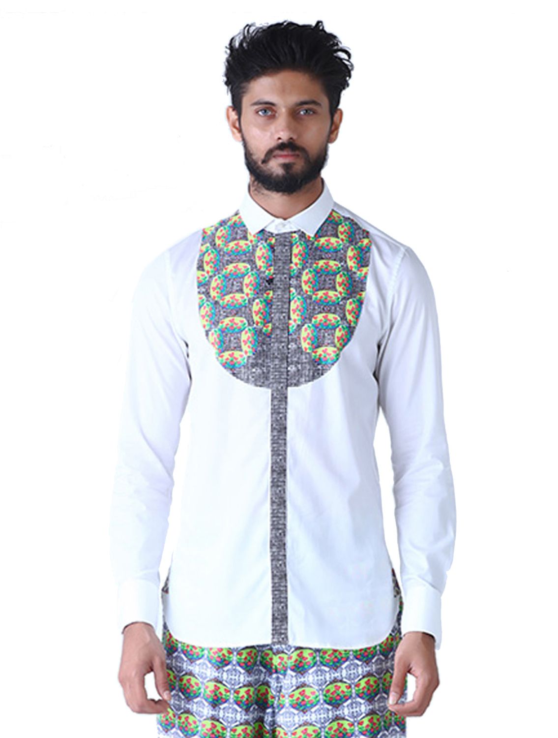 White Lunar Shirt with Kaleido Lotus Printed Bib