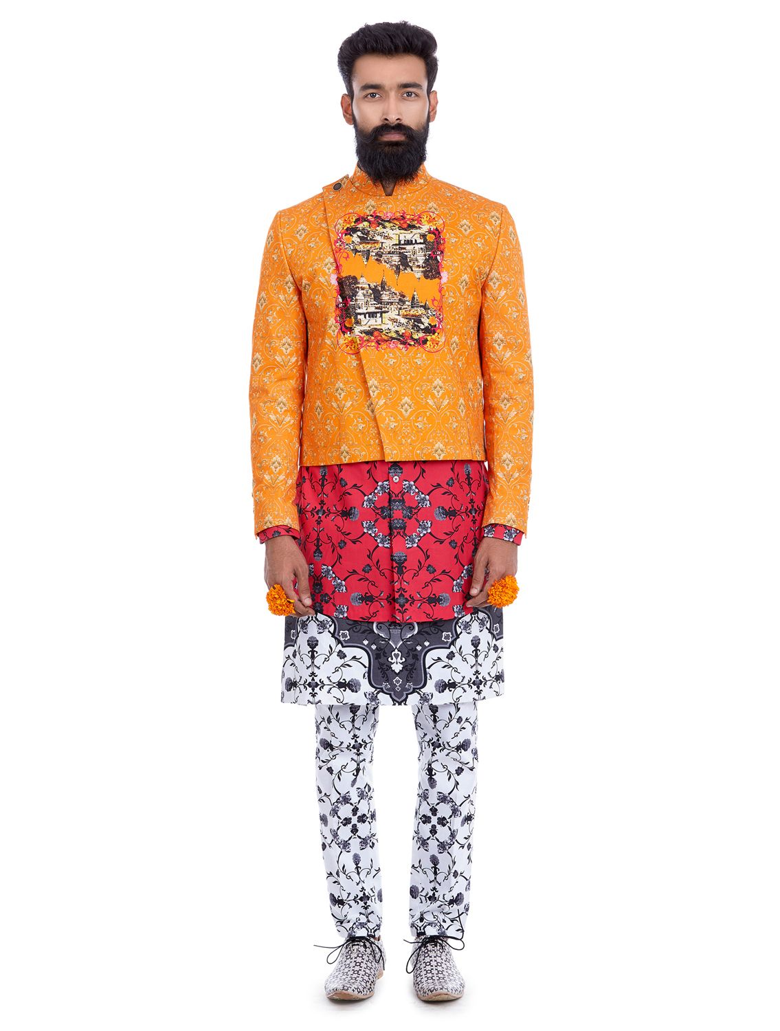Orange Crop Blazer in Golden Dawn Print by Mr Ajay Kumar