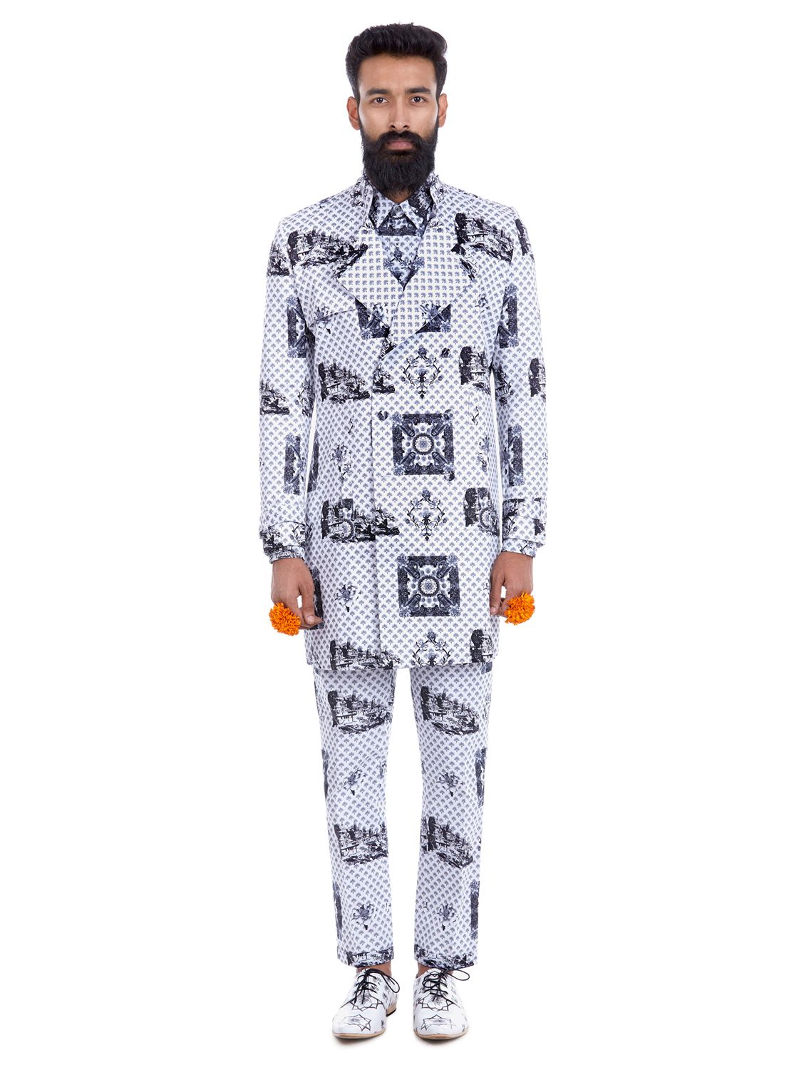 Shiv Monochrome Trench Coat in Sanyasi Print