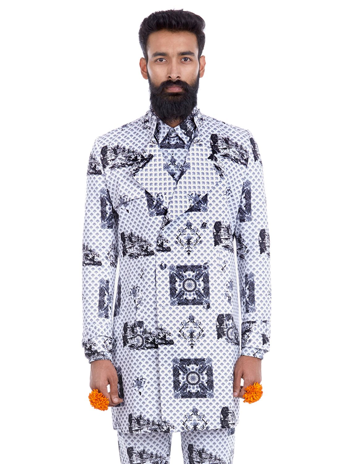 Shiv Monochrome Trench Coat in Sanyasi Print
