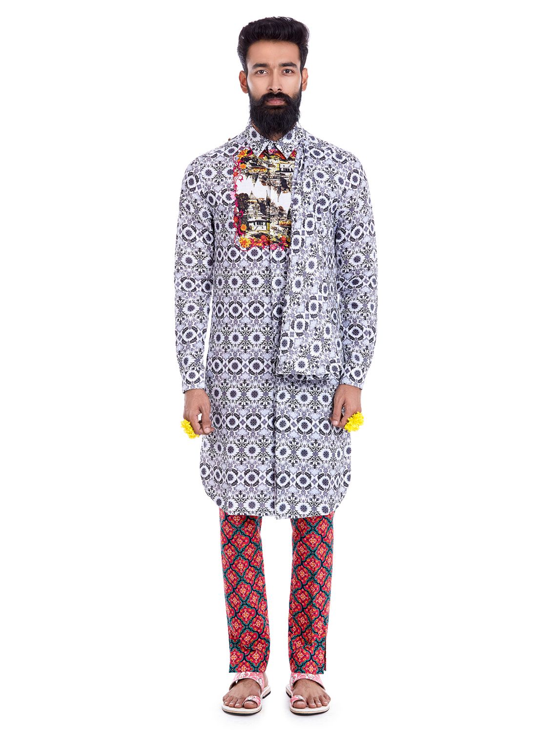 Avimukta Red Linen Printed Trousers