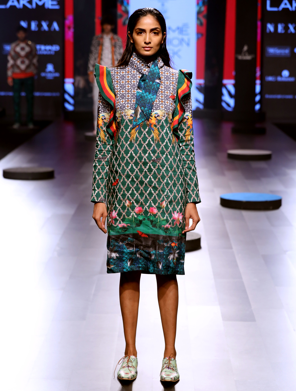 Macaque Printed Dress with Striper Ruffles