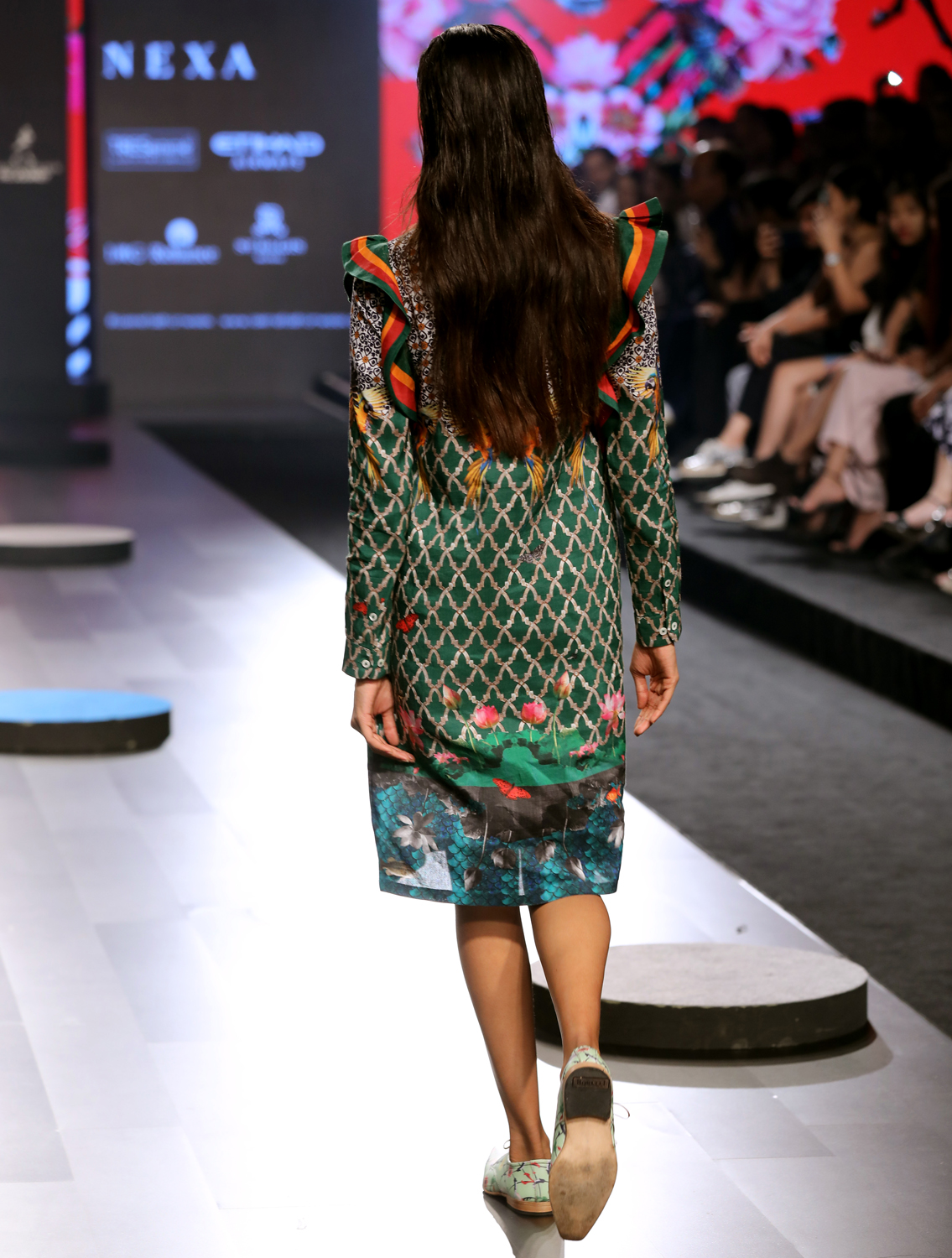 Macaque Printed Dress with Striper Ruffles Back