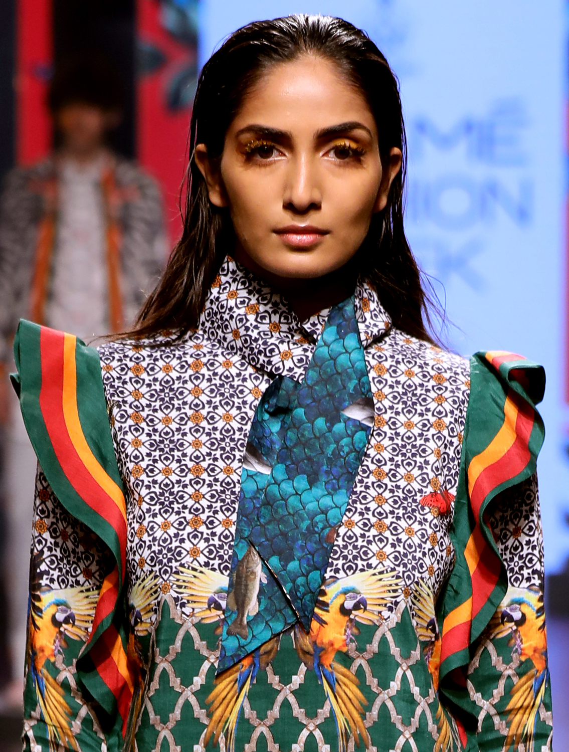 Macaque Printed Dress with Striper Ruffles Zoom