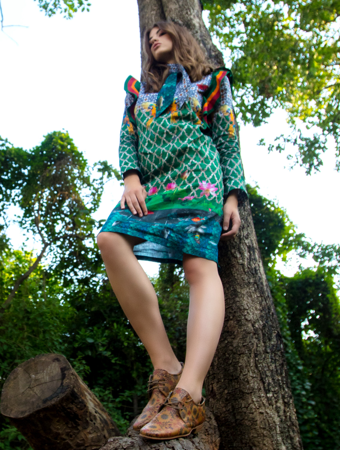 Macaque Printed Dress with Striper Ruffles Zoom