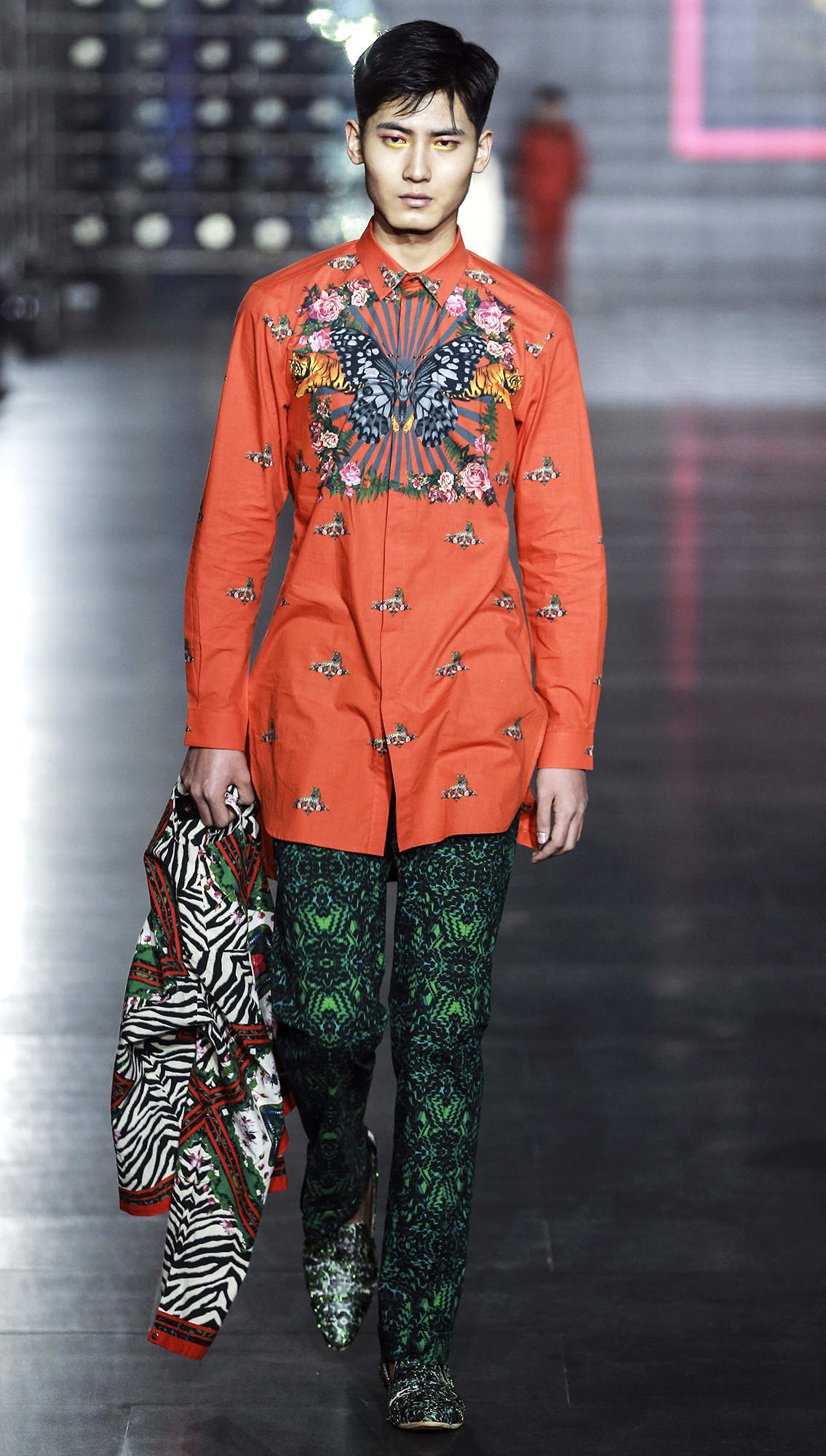 Orange Flauntwear Shirt in all-over butterfly beast print and Greenland Trousers
