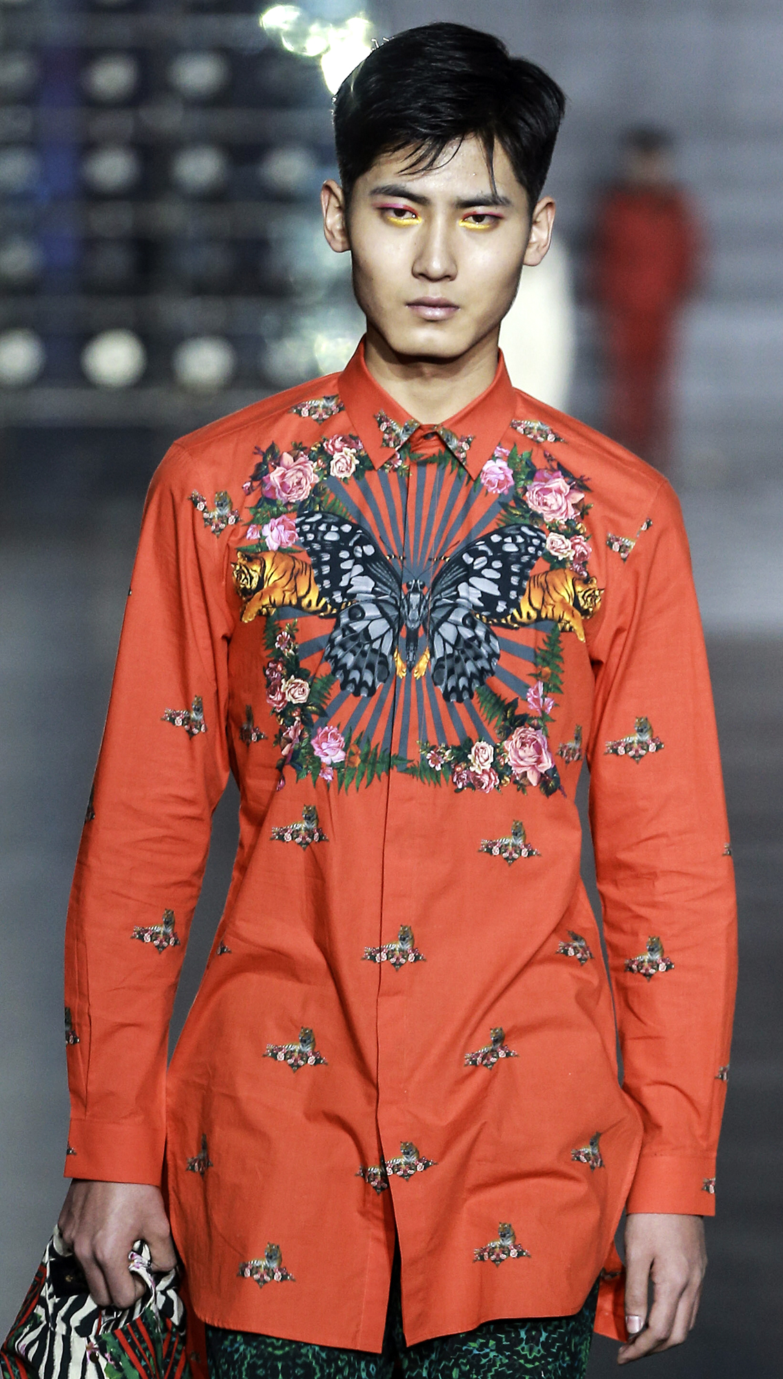 Orange Flauntwear Shirt in all-over butterfly beast print and Greenland Trousers
