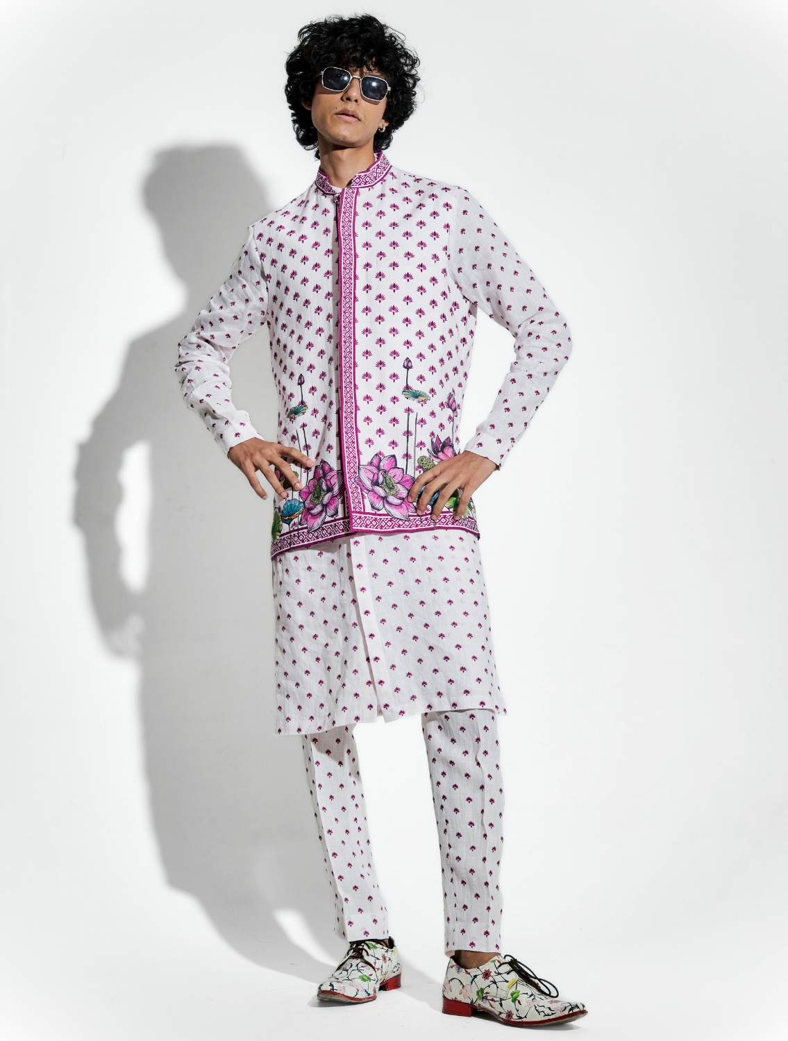 Pink Buta Lotus Linen Coord Set and Bundi