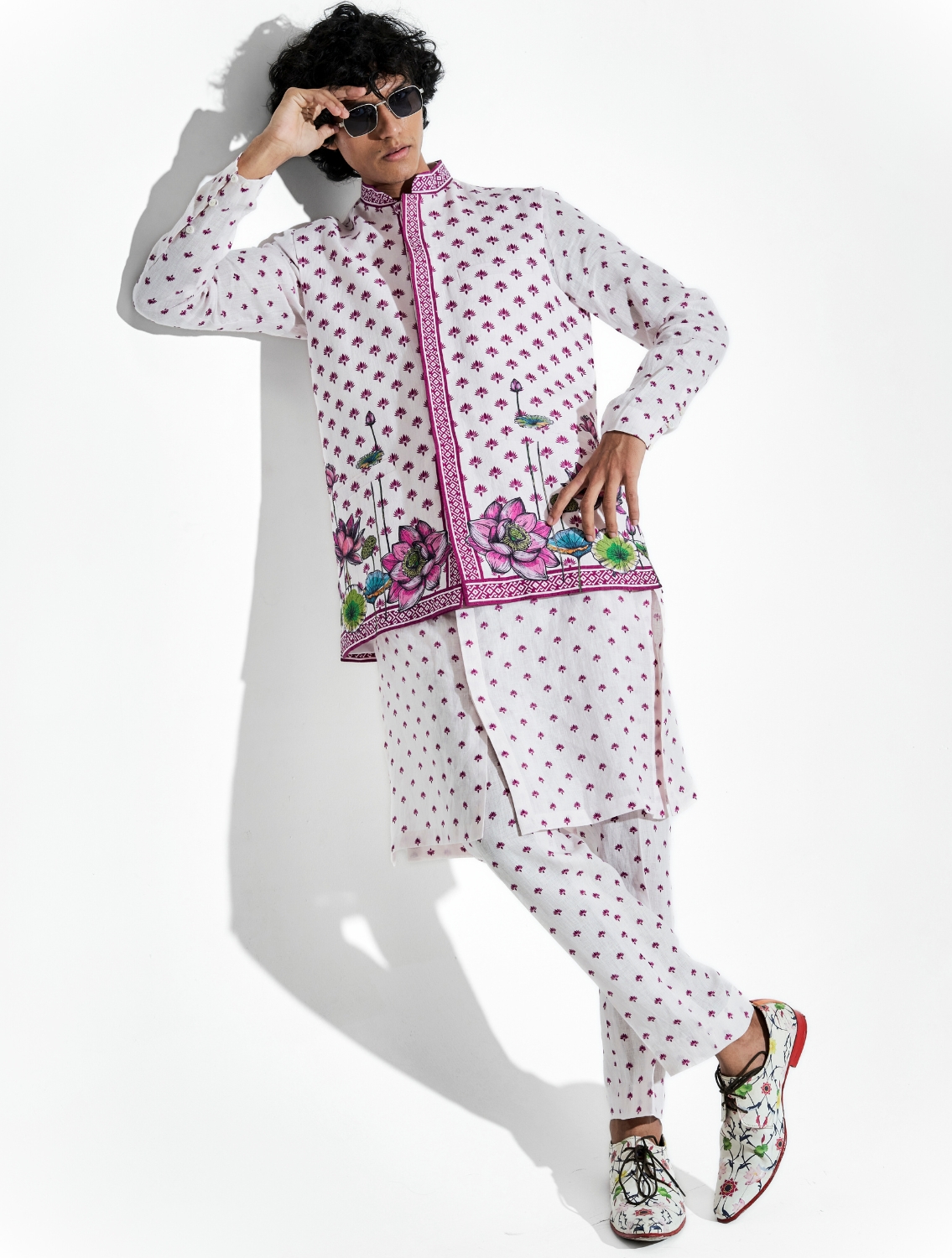 Pink Buta Lotus Linen Coord Set and Bundi