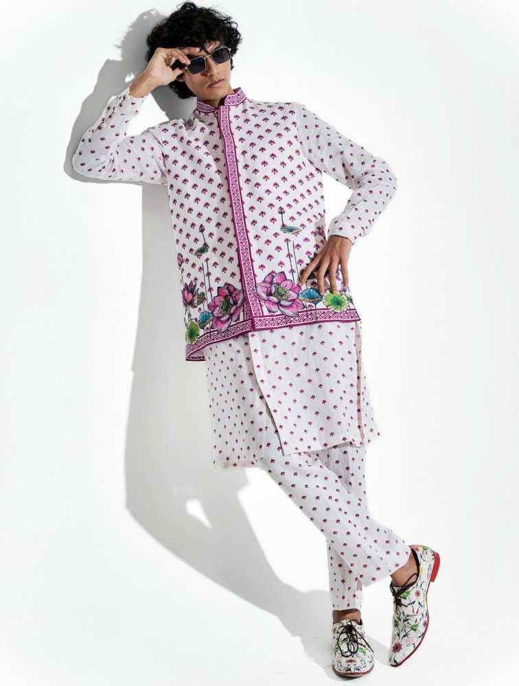 Image of Pink Buta Lotus Linen Coord Set and Bundi