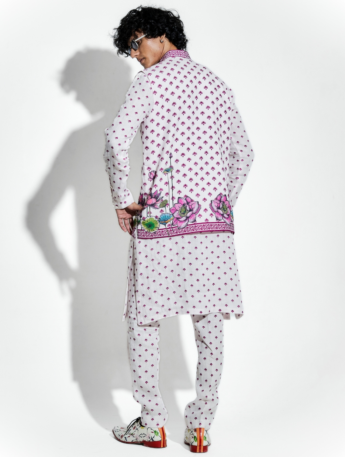 Pink Buta Lotus Linen Coord Set and Bundi