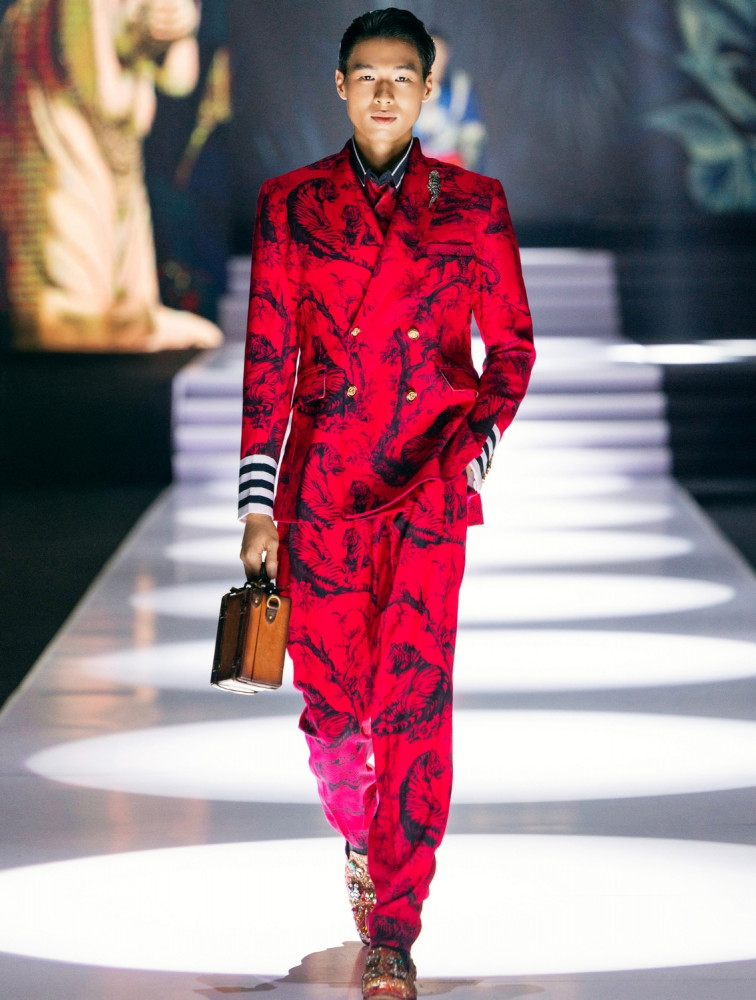 Image of Juoy Red Double Breasted Printed Suit