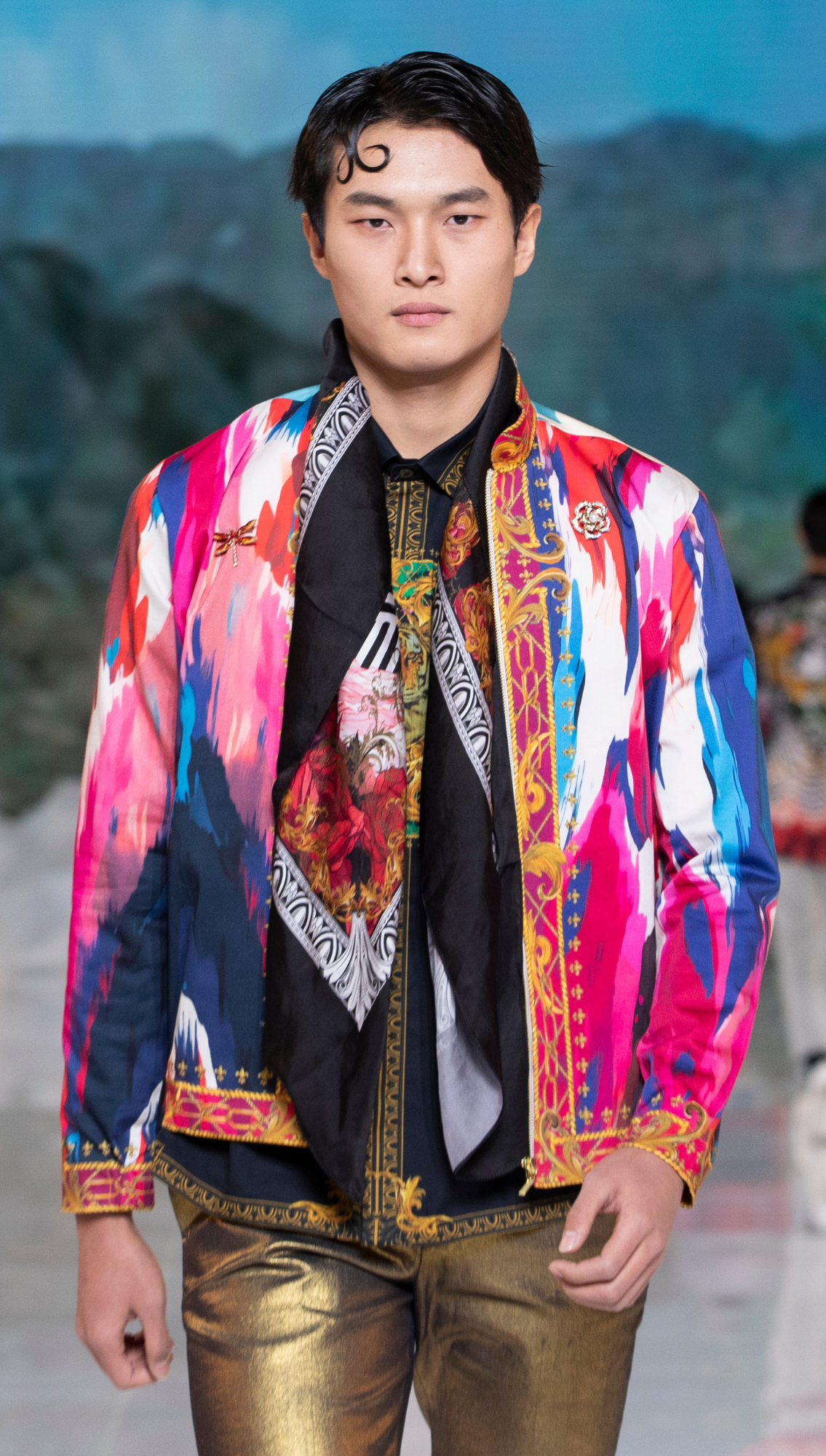 Thetys Printed Jacket Black Gold Baroque Hem Shirt Golden Pants