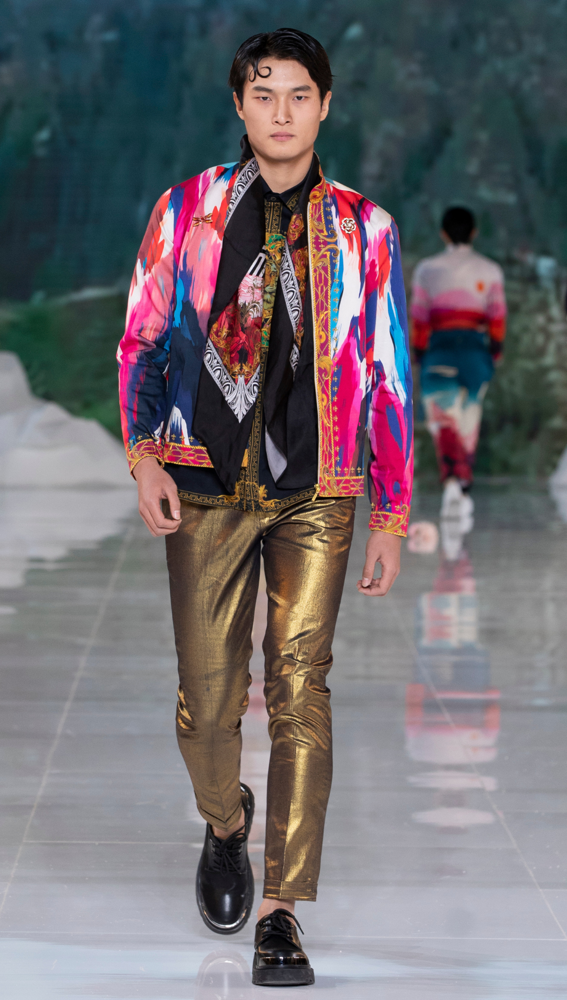 Thetys Printed Jacket Black Gold Baroque Hem Shirt Golden Pants