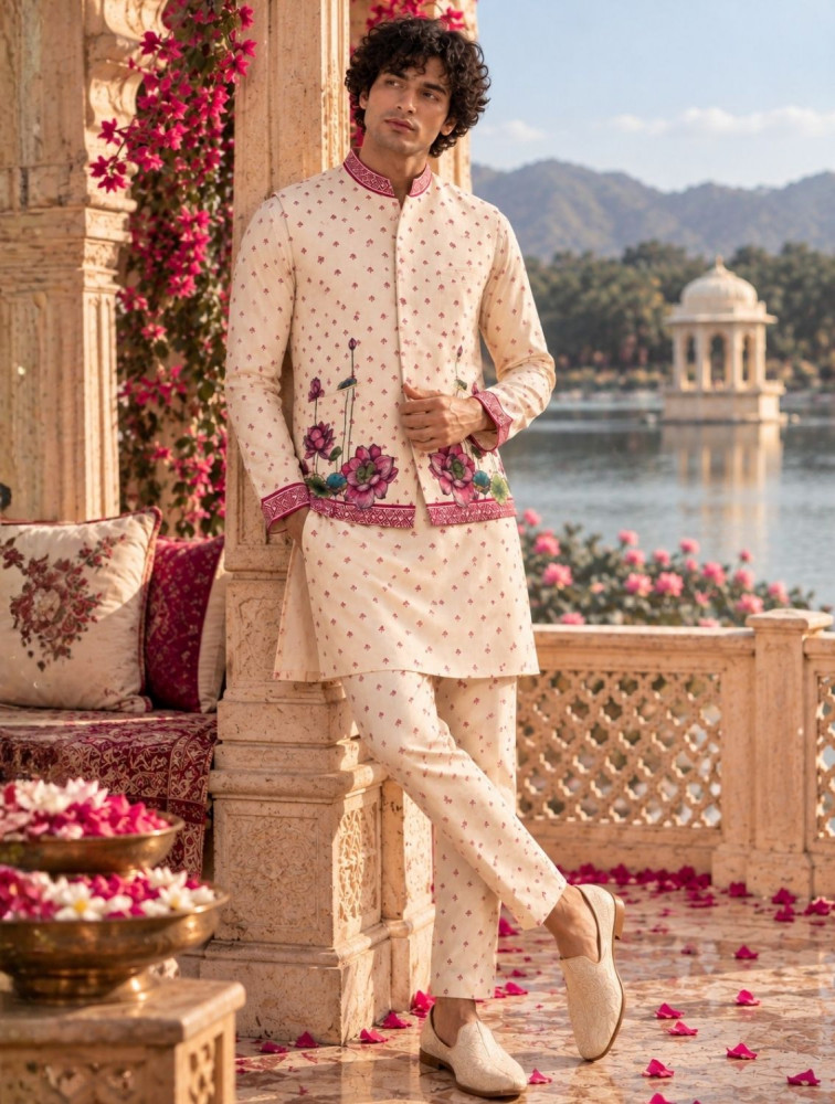 Image of Sabhya Lotus Linen Kurta Bundi Set