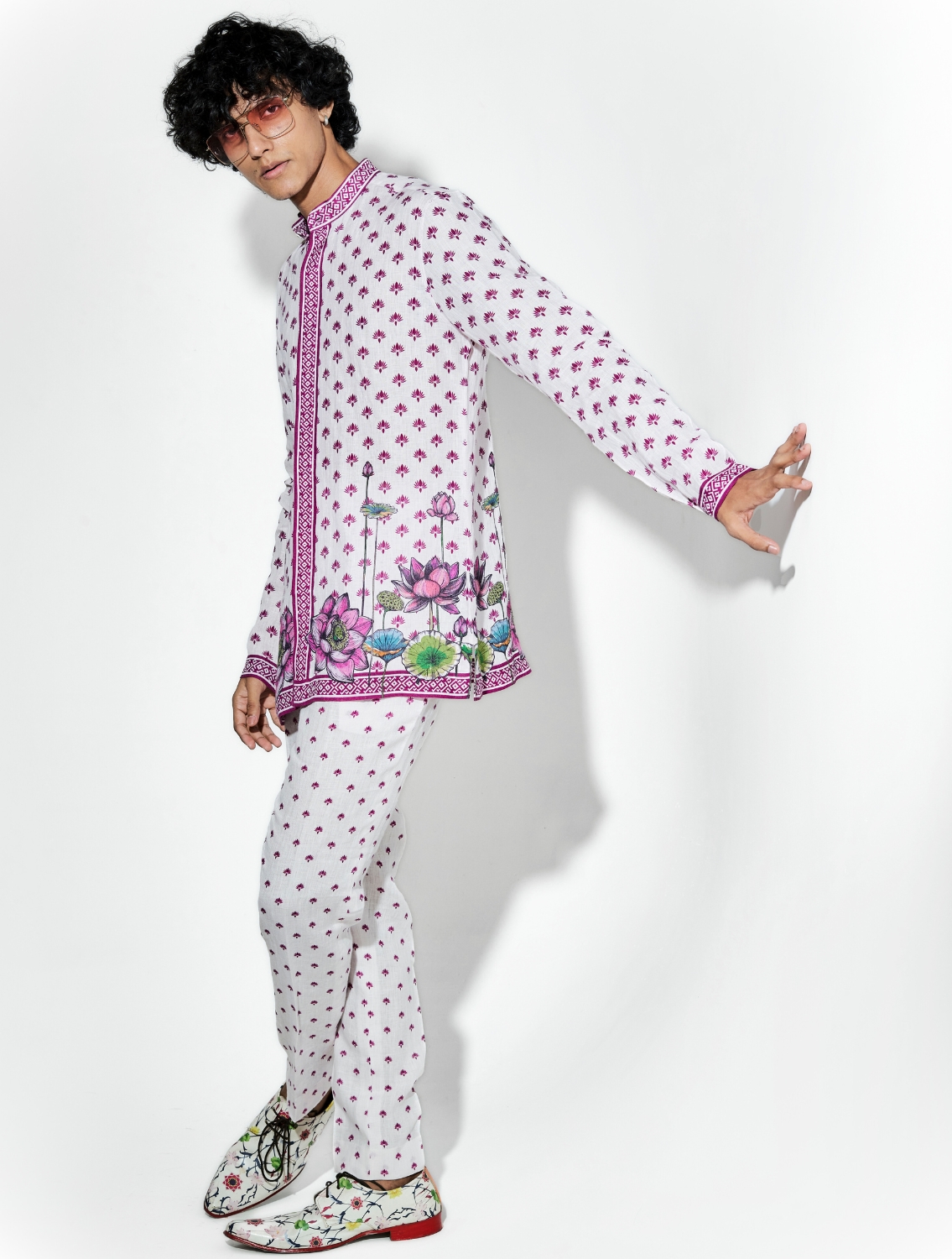 Nelumbo Pink Linen Printed Shirt Pant Set