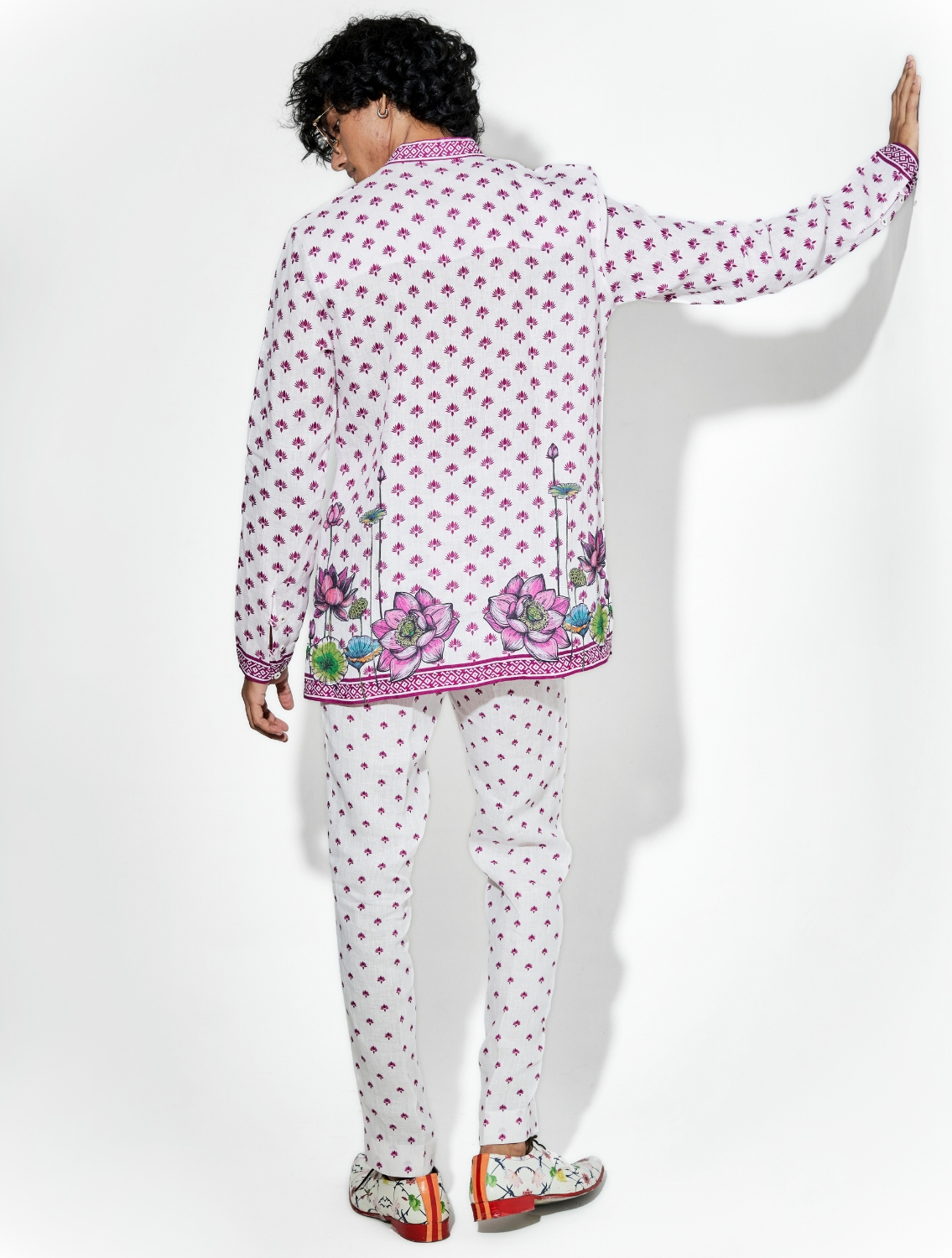 Nelumbo Pink Linen Printed Shirt Pant Set
