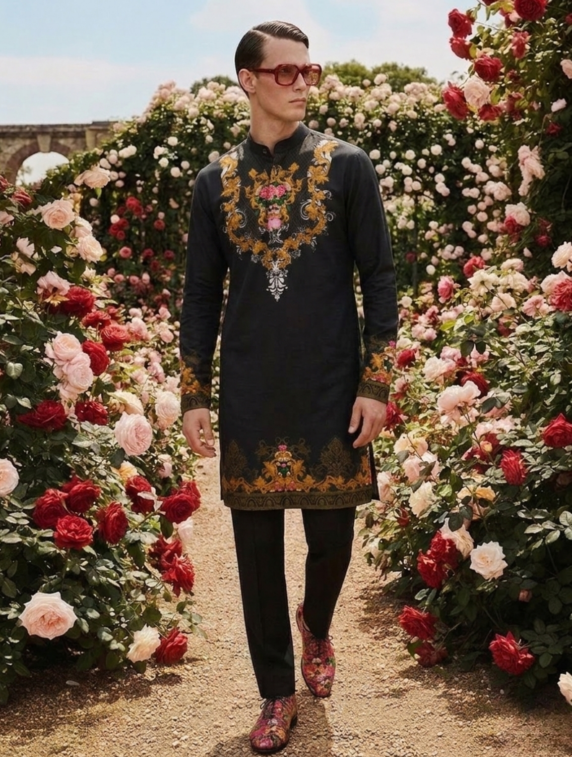 Monarch Black Engineered Printed Kurta