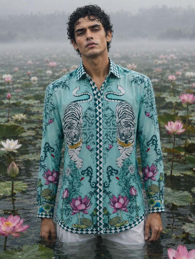 Image of Aavesh Aqua Lotus Tiger Shirt