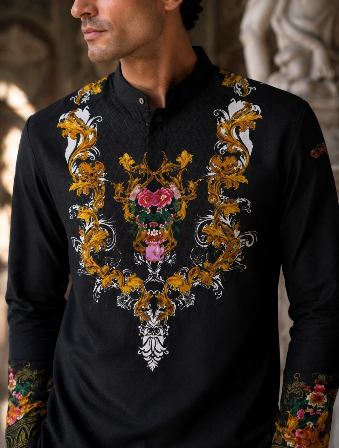 Monarch Black Engineered Printed Kurta