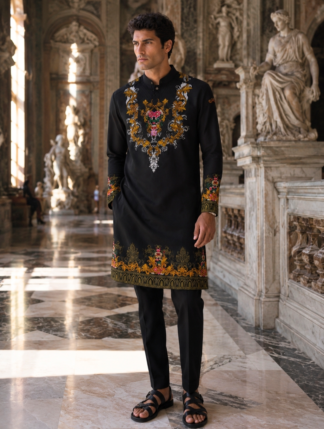 Monarch Black Engineered Printed Kurta Set