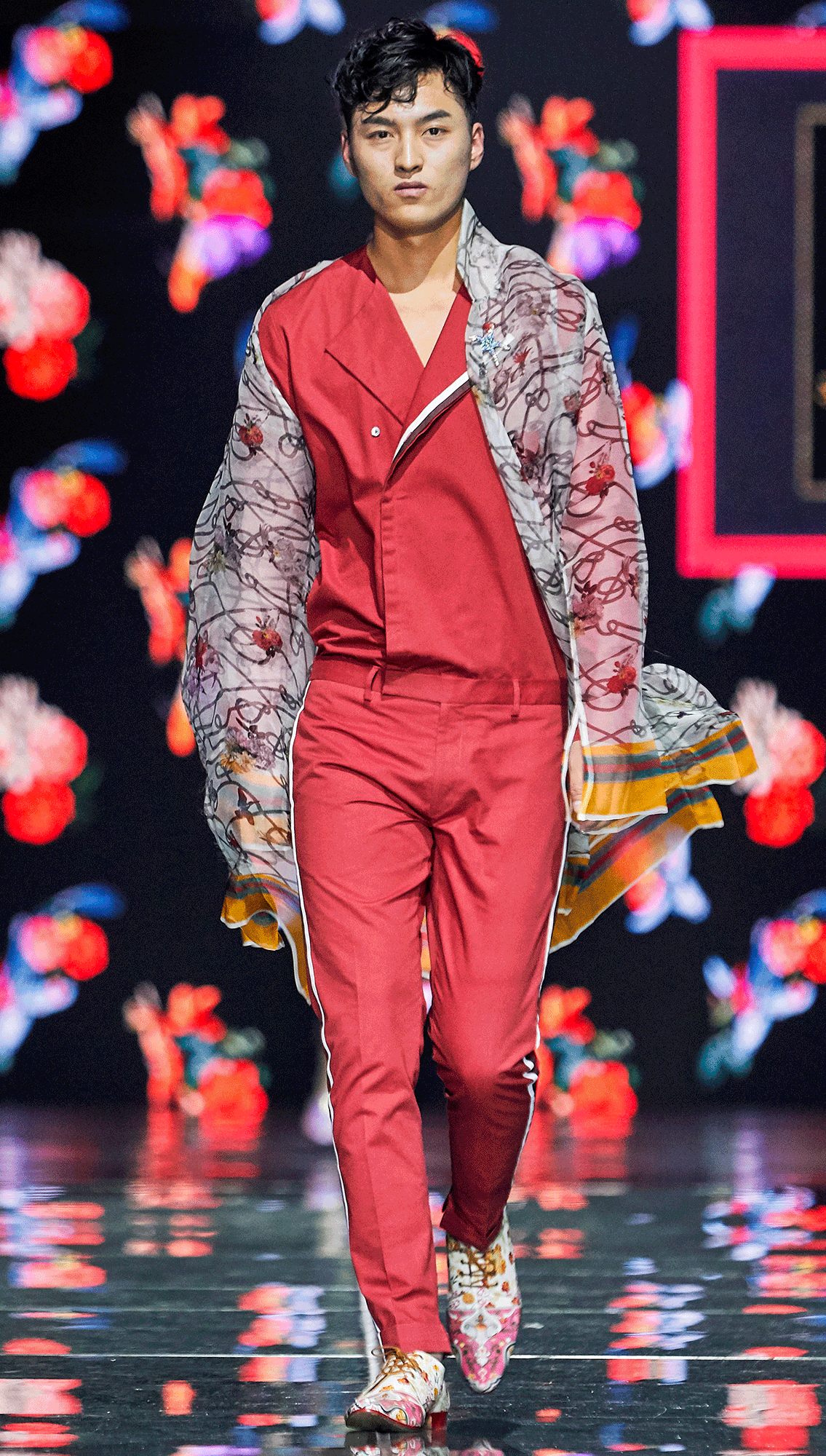 Crew Solid Jumpsuit and Kai Organza Printed Overshirt