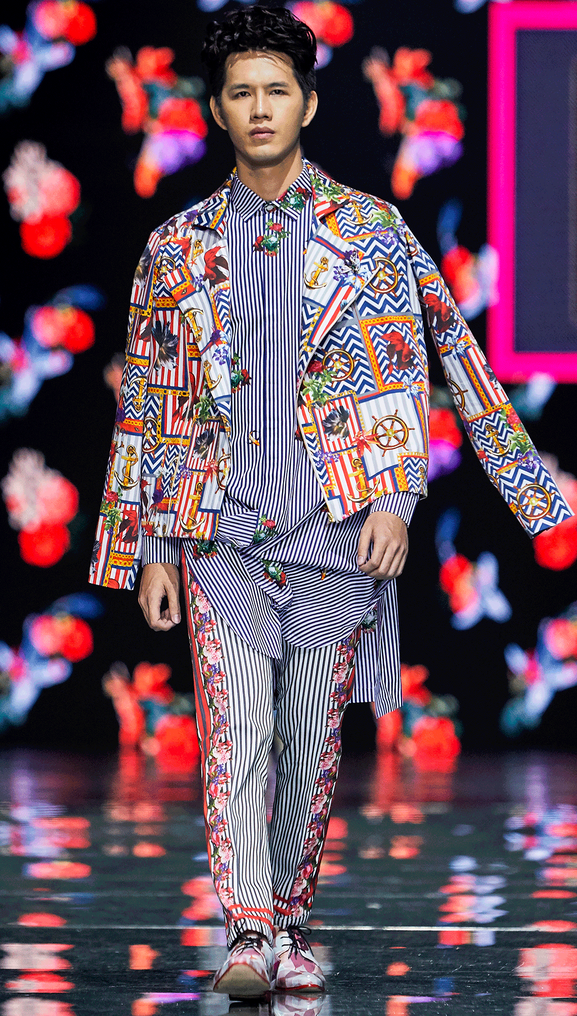 Leonardo Cross-over Hem Wrap Shirt Noah Biker Jacket and Reef Printed Trousers