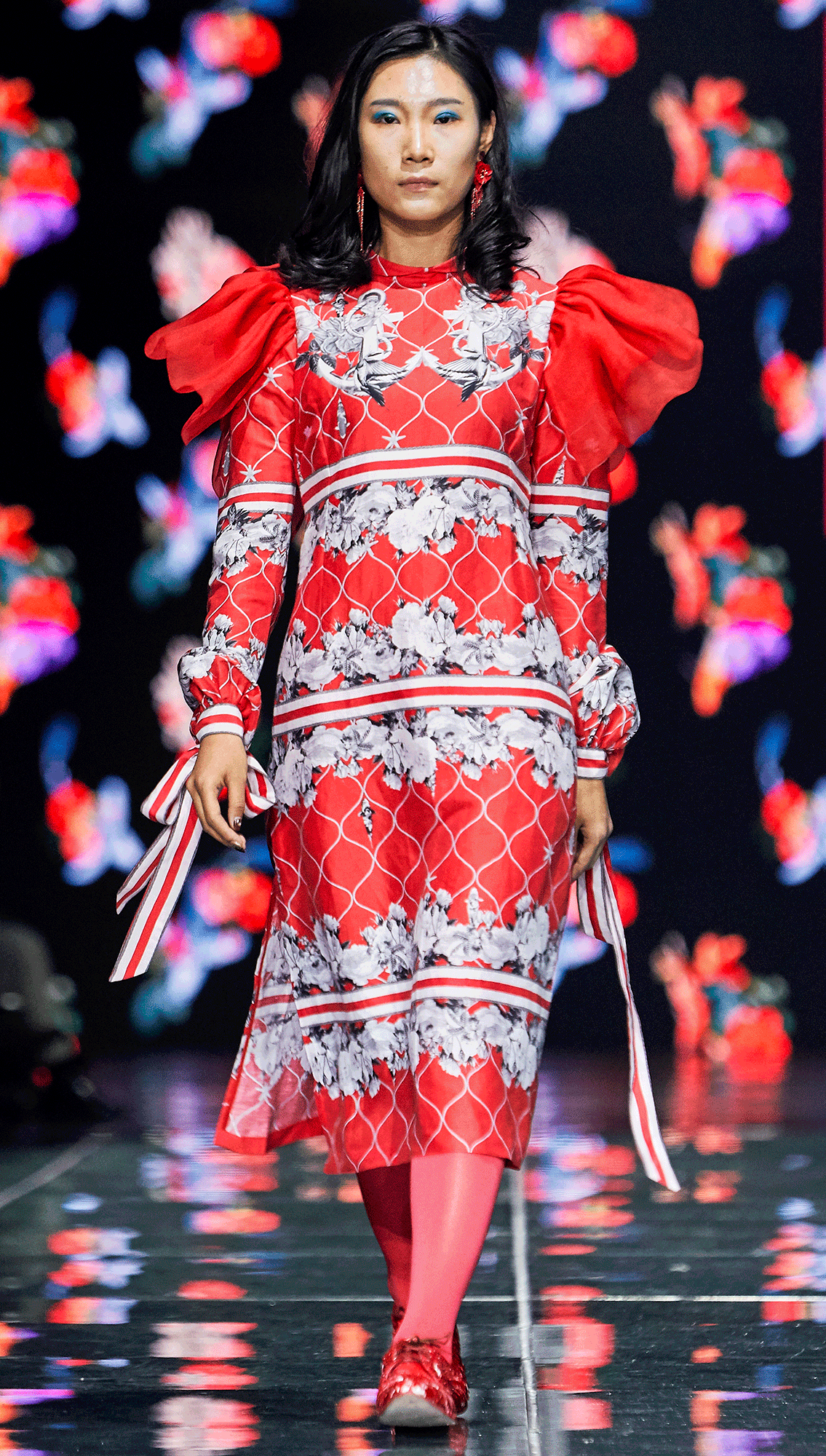 Ariel Red Silk Organza Ruffled Shoulder Dress