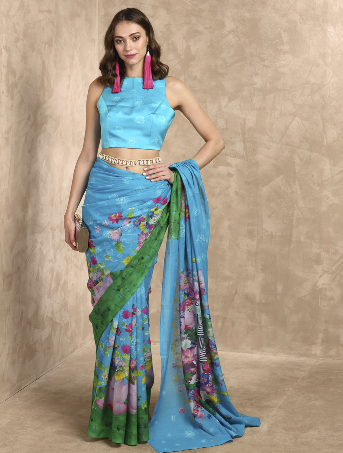 Aqua Lotus Sutra Printed Saree Blouse
