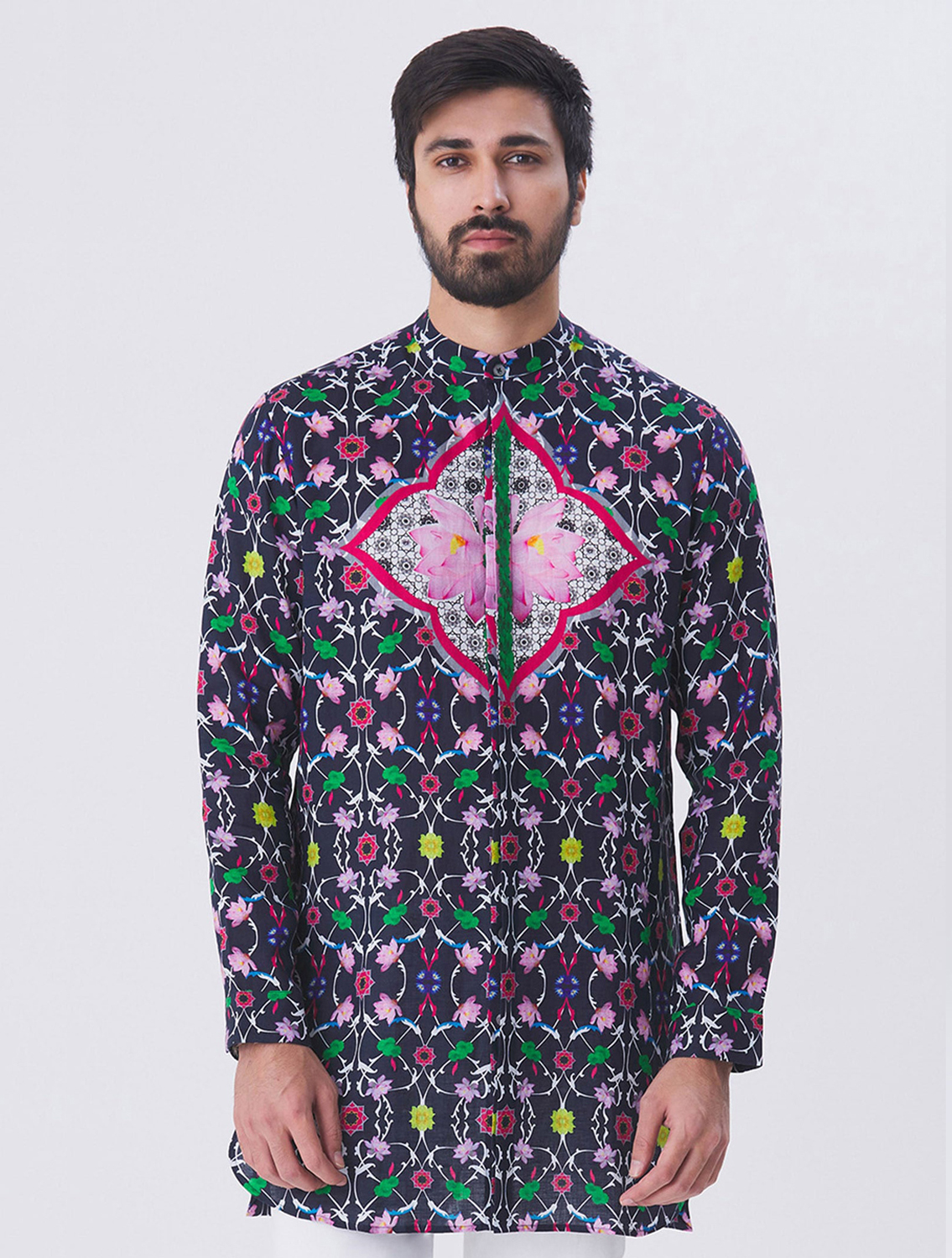 Navy Nelumbo Linen Printed Shirt