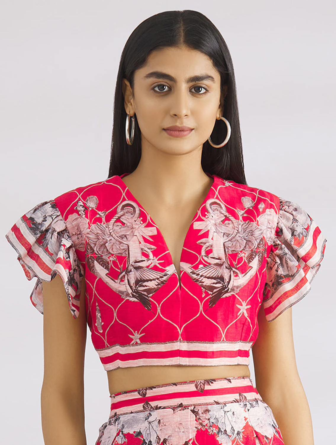 Nia Coral Ruffle Shoulder Blouse